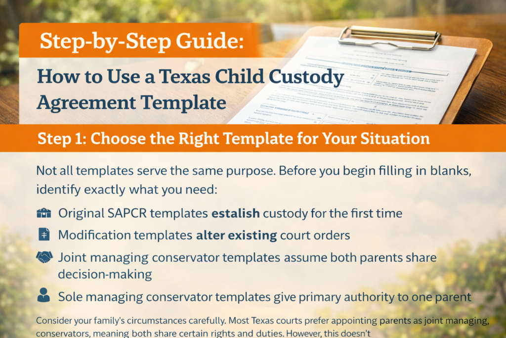 Wide-angle image of Texas child custody agreement templates laid out on a desk, showing different options for original, modification, joint, and sole conservatorship