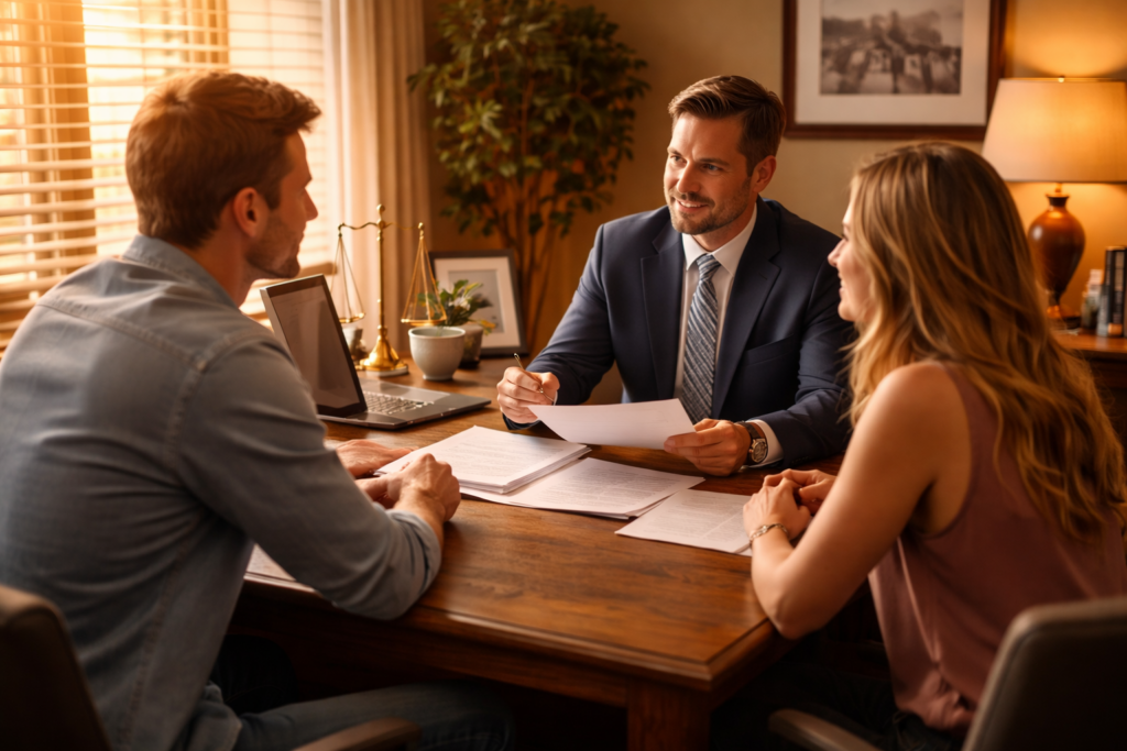 The image depicts a family law attorney meeting with clients in a warm and supportive office environment, discussing important matters such as child custody and divorce proceedings. This professional setting emphasizes the attorney's role in providing legal advice and navigating the complexities of divorce costs in Texas.