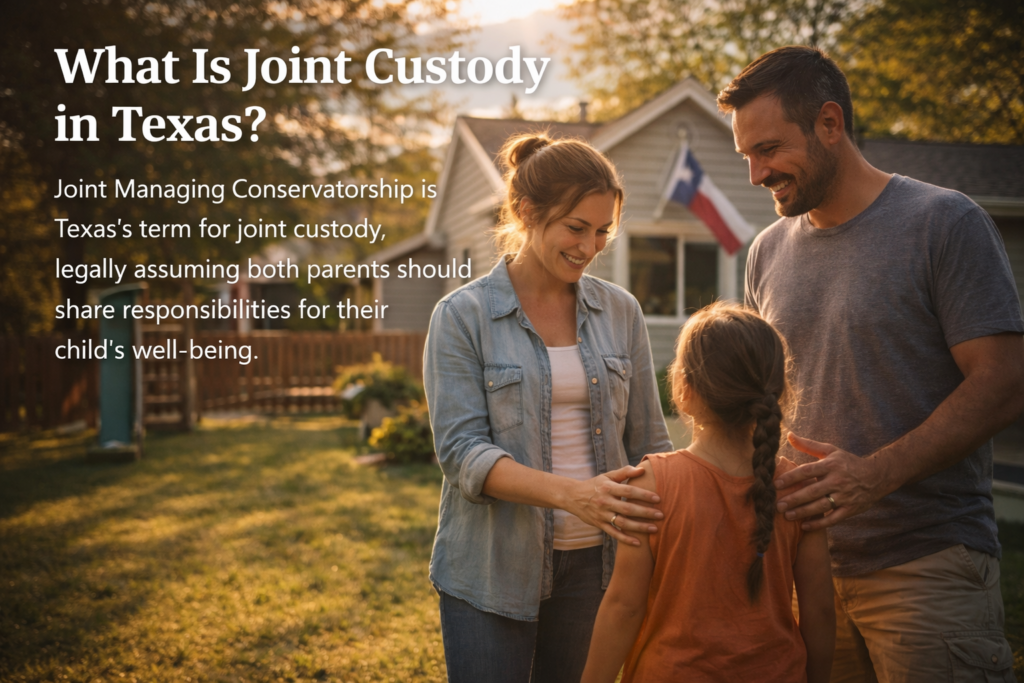 Two parents standing together with their child in a sunlit Texas backyard, representing joint custody and shared parental decision-making under Texas law