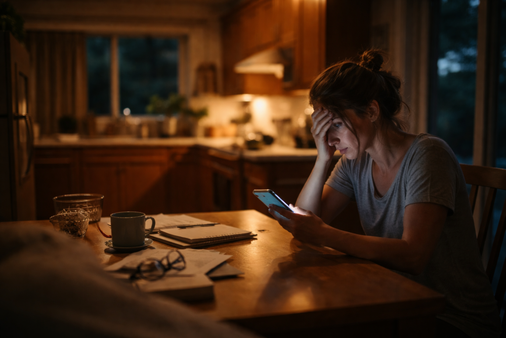 A Texas parent sitting alone in a quiet kitchen at night, looking at a phone while facing a difficult custody decision during divorce