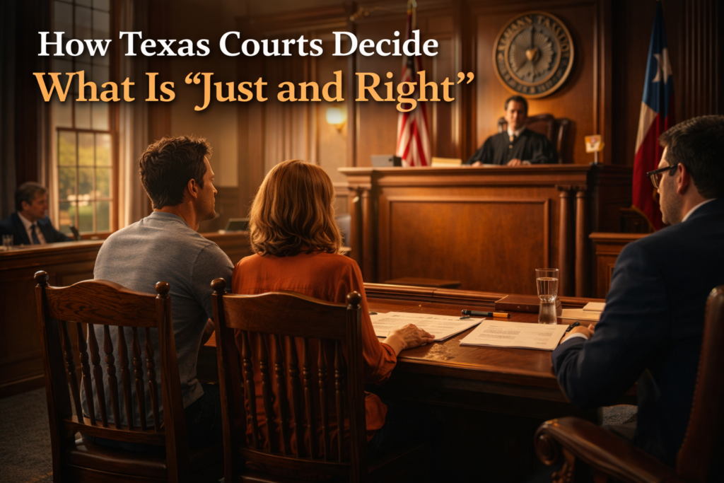 A Texas couple sits with their attorney in a sunlit courtroom as a judge presides, illustrating how courts decide a fair and “just and right” property division.