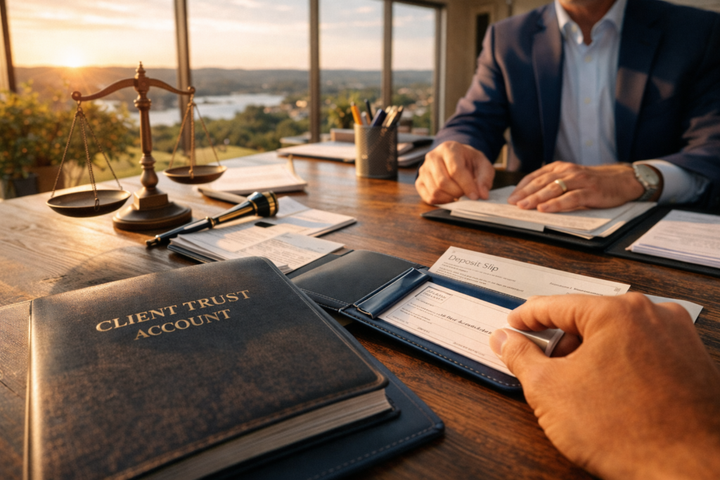 Wide-angle, photo-realistic image of a lawyer reviewing documents in a bright office, symbolizing ethical handling of divorce fee payment plans and trust account requirements in Texas.