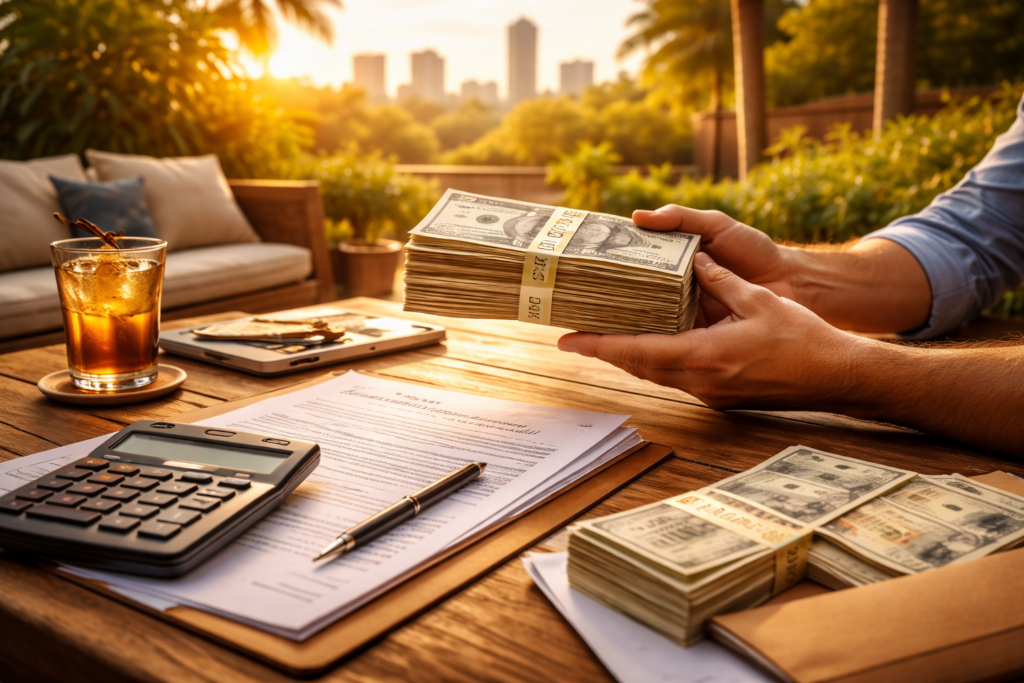 A wide-angle, photo-realistic image of hands holding a large stack of cash over a wooden outdoor table at sunset, with financial documents, a calculator, and paperwork visible nearby.