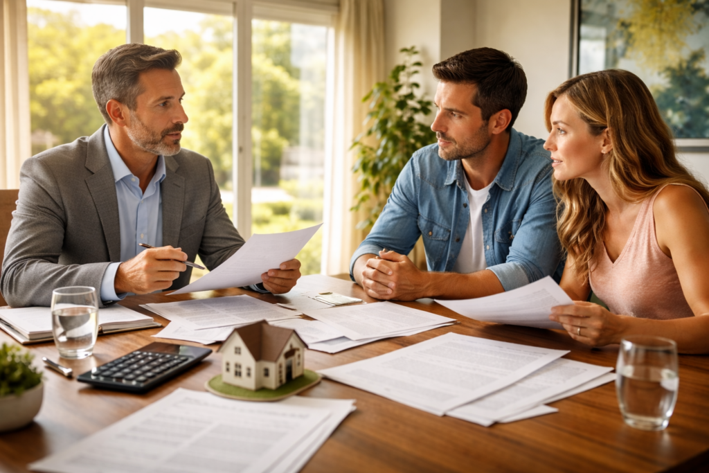 The image depicts a professional mediation session in a conference room where three individuals are engaged in a discussion about documents related to property division agreements in Texas. They appear focused on the complexities of community property and separate property as they navigate the details of asset division during divorce proceedings.
