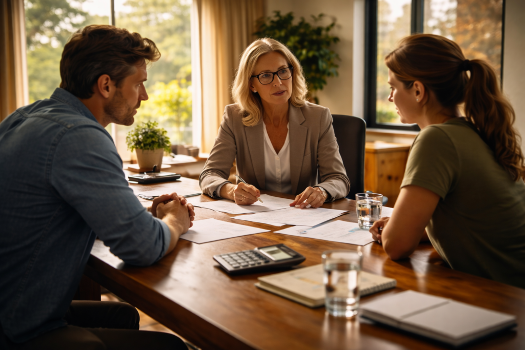 The image depicts a mediation session at a conference table where two individuals and a mediator are engaged in discussions about property division, potentially focusing on community property and separate property under Texas law. The atmosphere suggests a collaborative effort to reach a fair divorce settlement regarding marital assets and financial futures.