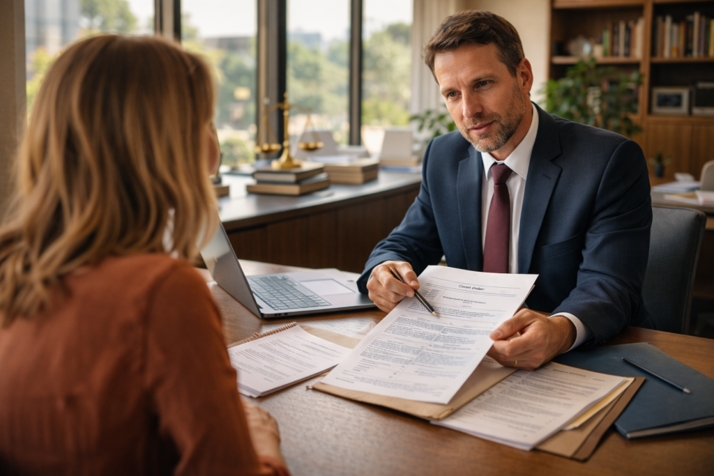 A family law attorney is seated at a modern office table, discussing a child custody case with a client. The atmosphere is professional, and they are reviewing court papers related to child support obligations and custody and visitation orders for the client's minor child.