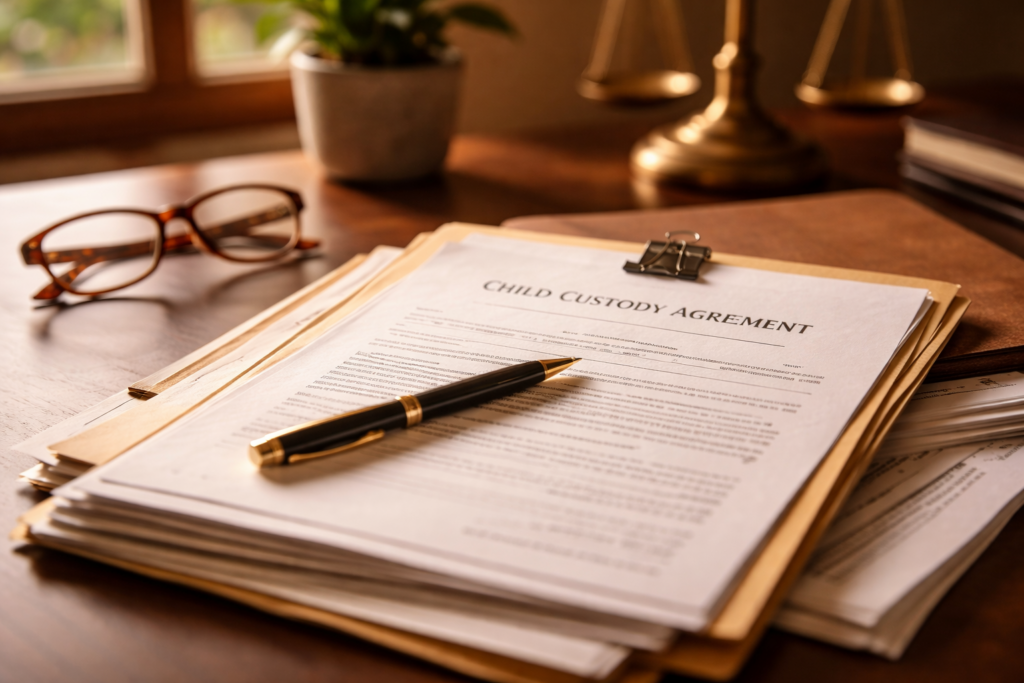 The image depicts a stack of legal documents and a folder on a desk, symbolizing the complexities of family law cases such as child custody and support. These documents may include custody orders, court forms, and other vital legal paperwork related to the parent-child relationship and custody disputes.