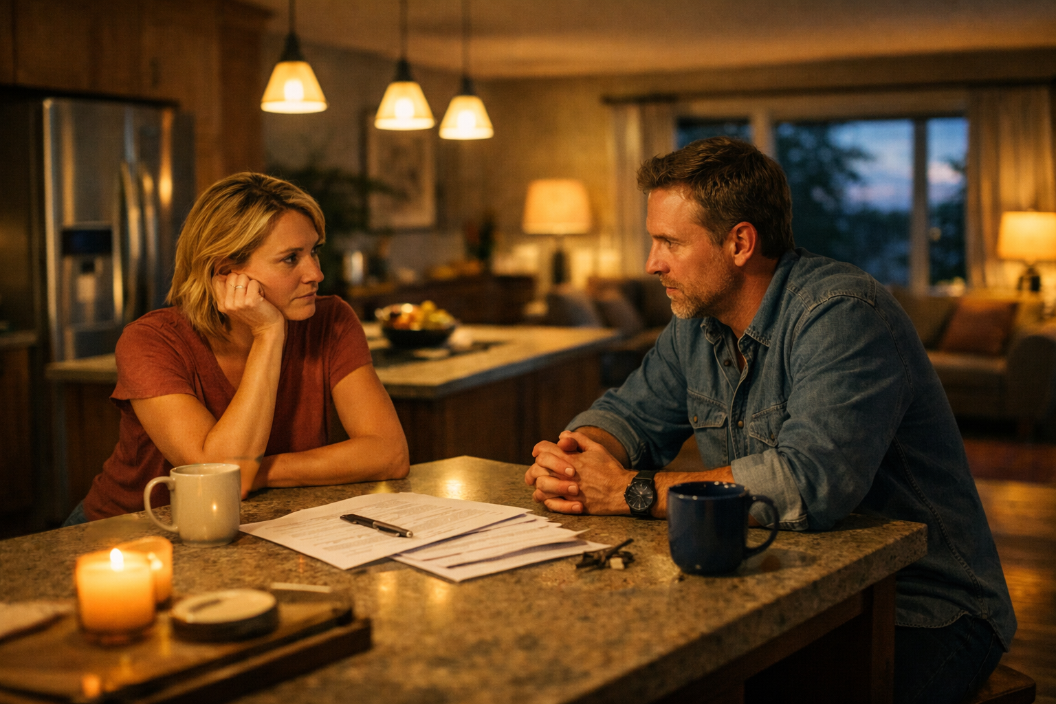 A couple having a calm, serious conversation at their kitchen counter about divorce and property division in Texas during a quiet evening at home