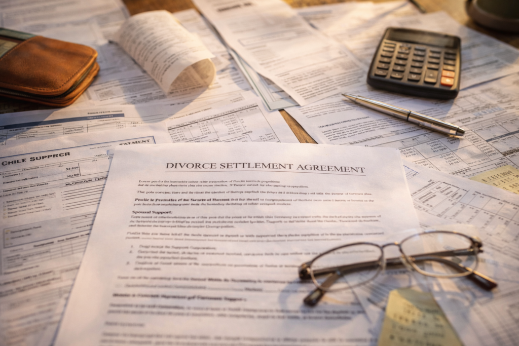The image shows a variety of financial documents and retirement statements spread out on a desk, including a divorce settlement agreement and other related divorce papers. The documents may include details on child support, spousal support, and provisions for the division of property, reflecting the complexities of the divorce process.