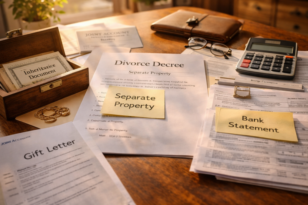 Legal and financial documents labeled separate property, inheritance, gift letter, and bank statement arranged on a desk to illustrate separate property issues in an uncontested divorce.