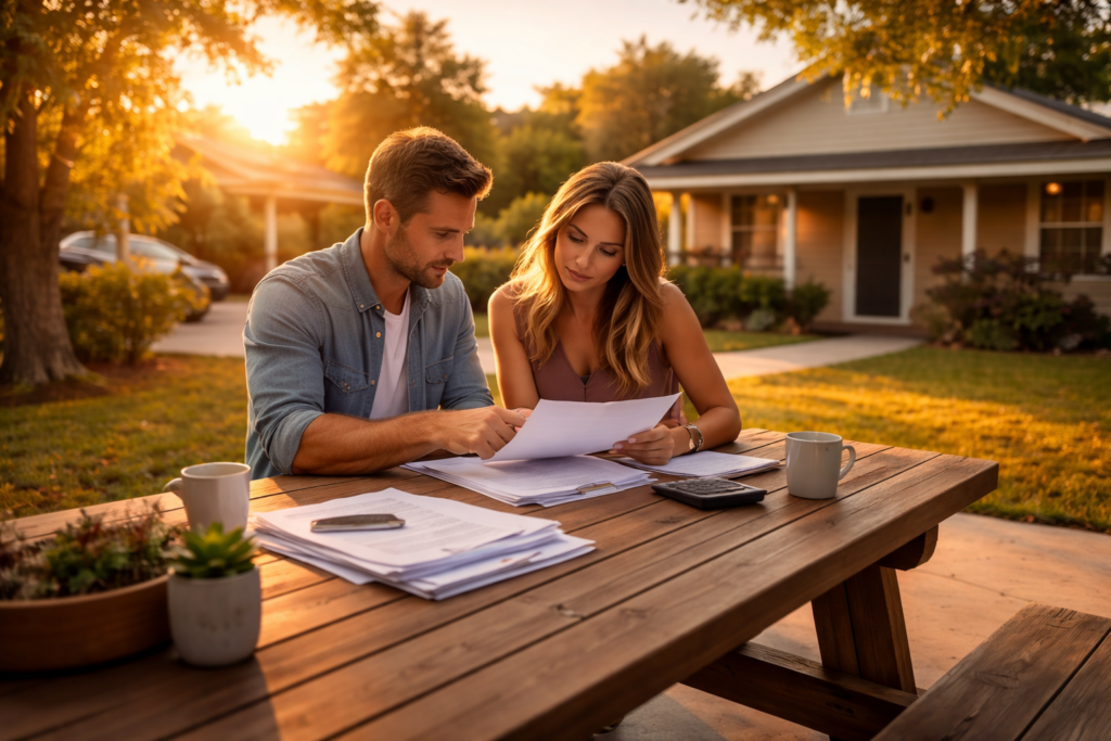 A Texas couple calmly reviewing divorce documents together at an outdoor table in a suburban backyard during a warm summer evening