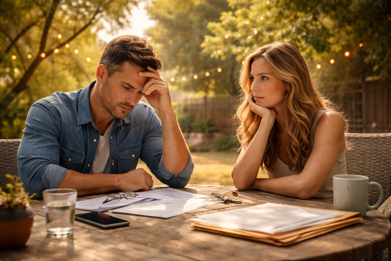 A Texas couple reviewing divorce paperwork together outdoors, reflecting a calm and cooperative approach to a simplified divorce