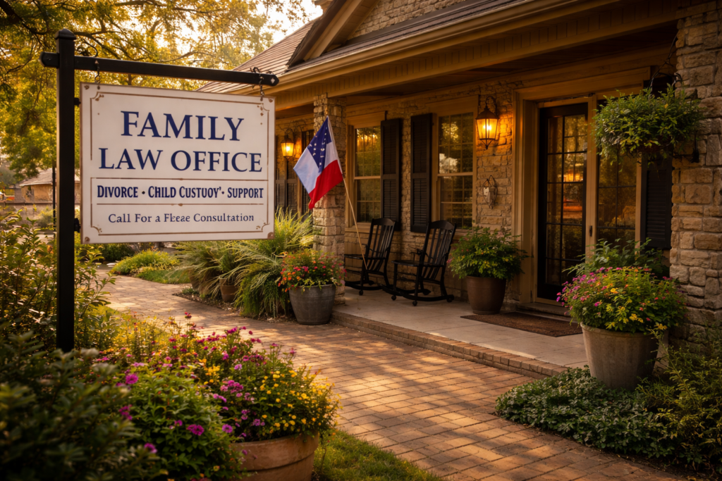The image shows a small law office exterior featuring professional signage, located in a Texas community setting. This office likely offers legal services related to family law, including child custody cases and support, catering to the needs of low-income residents in the Dallas Fort Worth area.