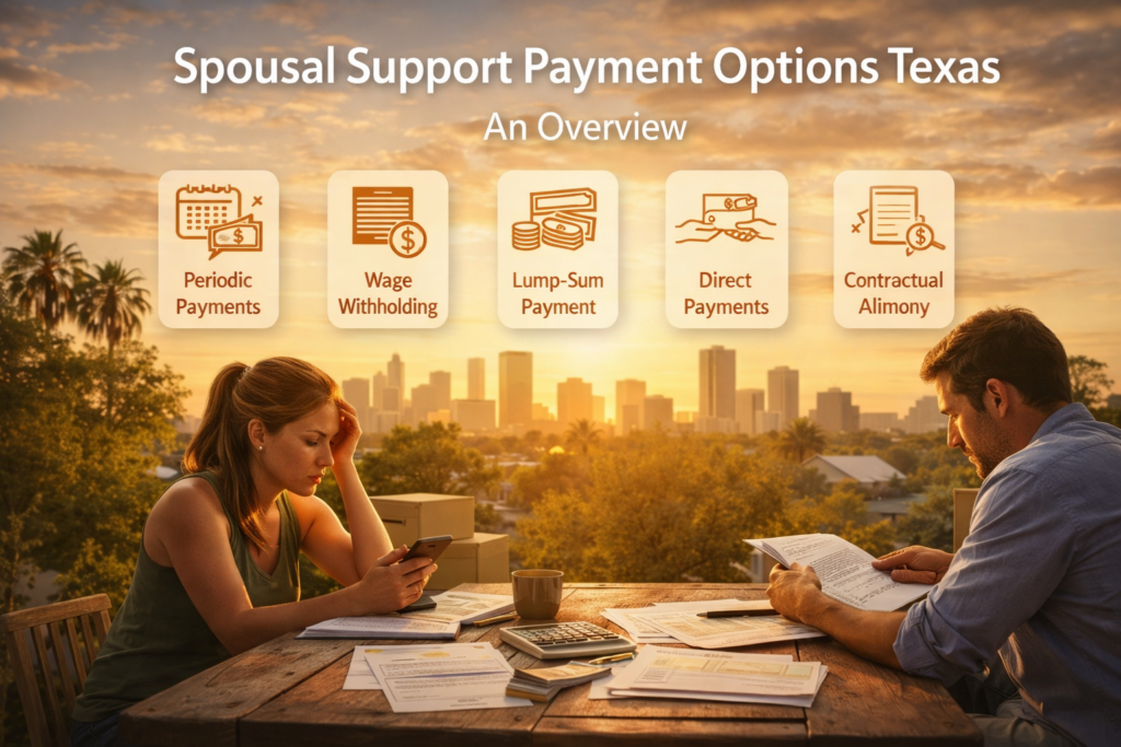 A wide-angle, photo-realistic image of a couple seated at an outdoor table in suburban Texas at sunset, reviewing financial documents together with the Houston skyline in the background.