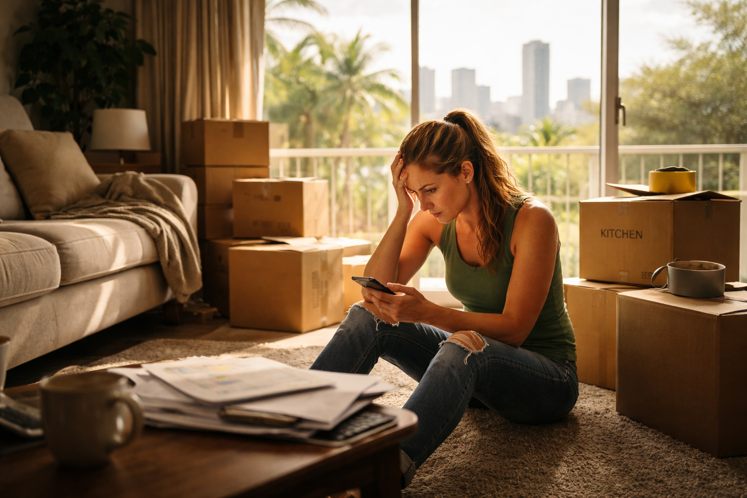 A Houston parent sitting on the floor of a sunlit living room surrounded by moving boxes, reviewing paperwork and finances after divorce