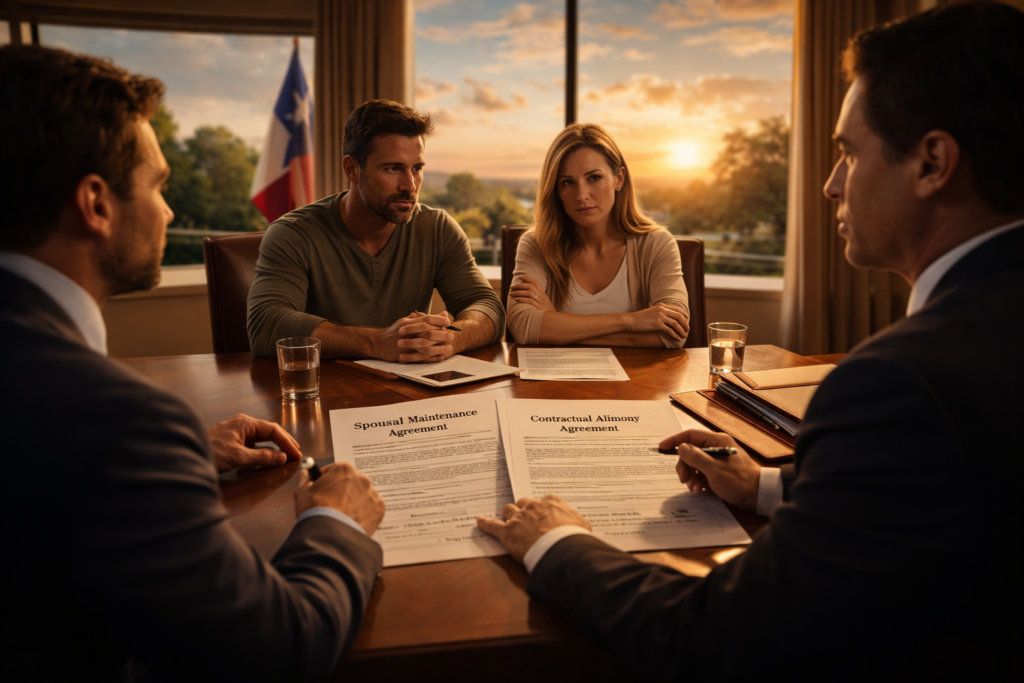 A couple meeting with attorneys in a Texas law office reviewing spousal maintenance and contractual alimony agreements during a divorce consultation.