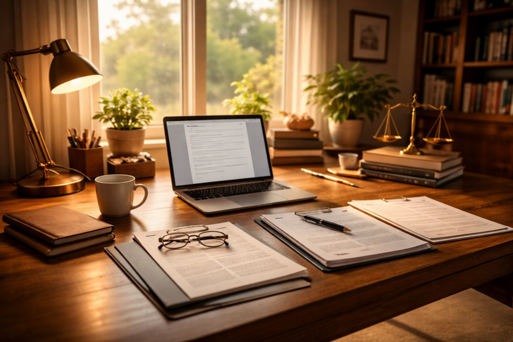 The image depicts a serene home office featuring a wooden desk with a laptop and neatly arranged legal documents, suggesting a focus on family law matters such as child custody and support. This setting conveys a sense of organization and professionalism, ideal for addressing important issues like custody and visitation orders under Texas law.