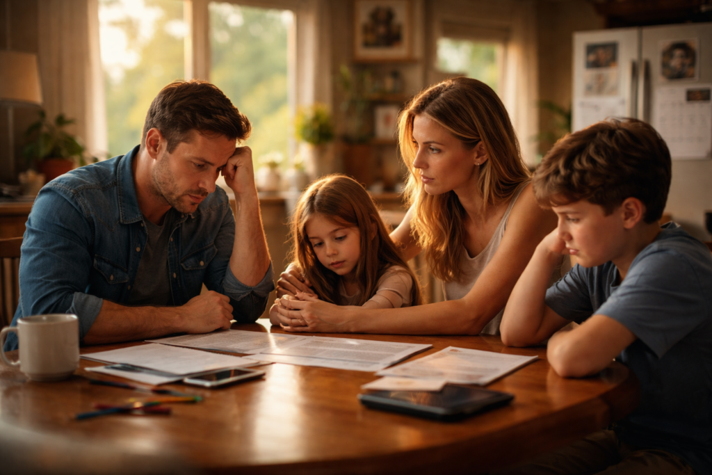 Parents and children reviewing a Texas child custody agreement together at home during a family transition