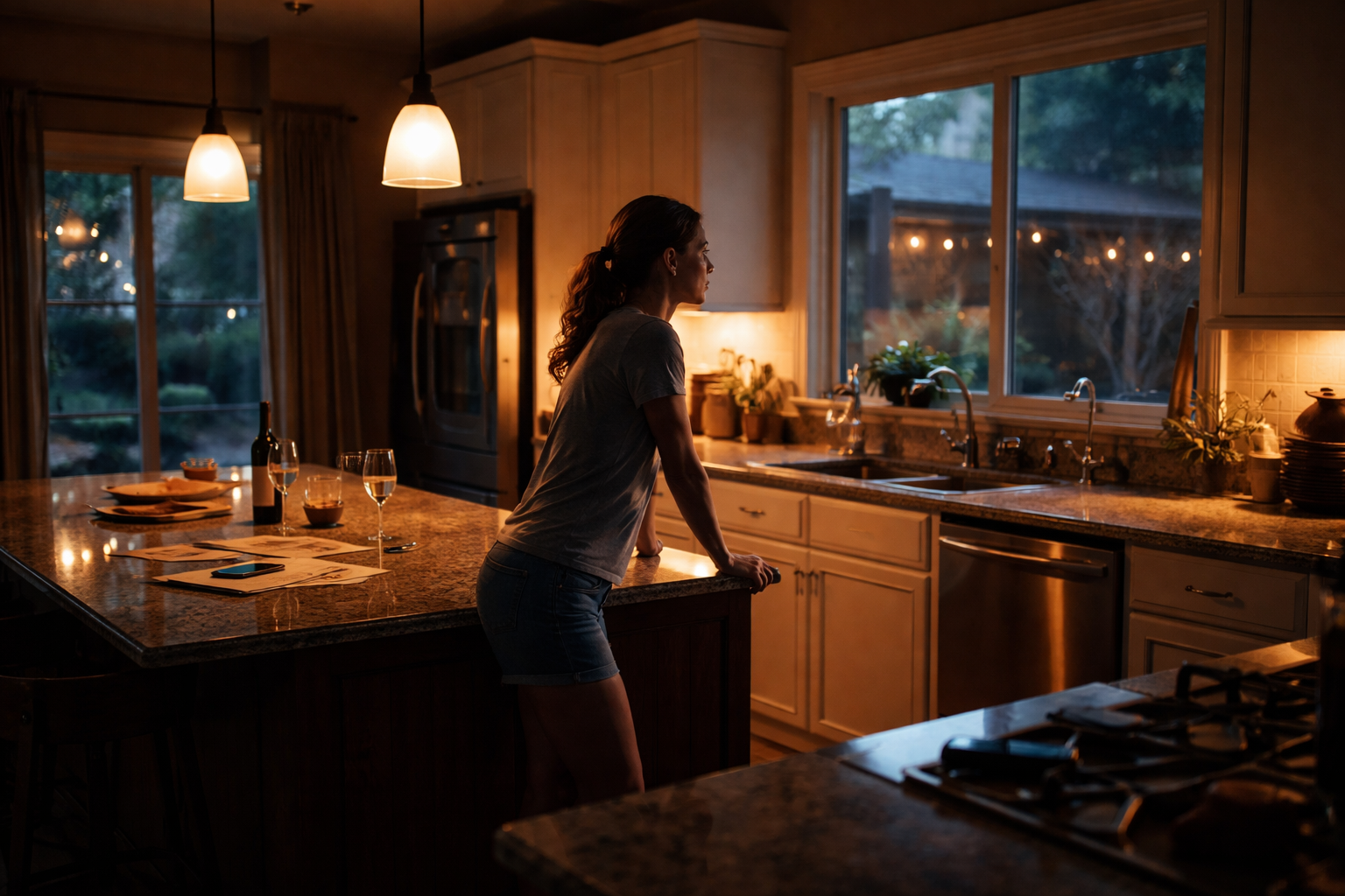 A Houston parent standing alone in a quiet kitchen at night, reflecting on divorce decisions and financial uncertainty