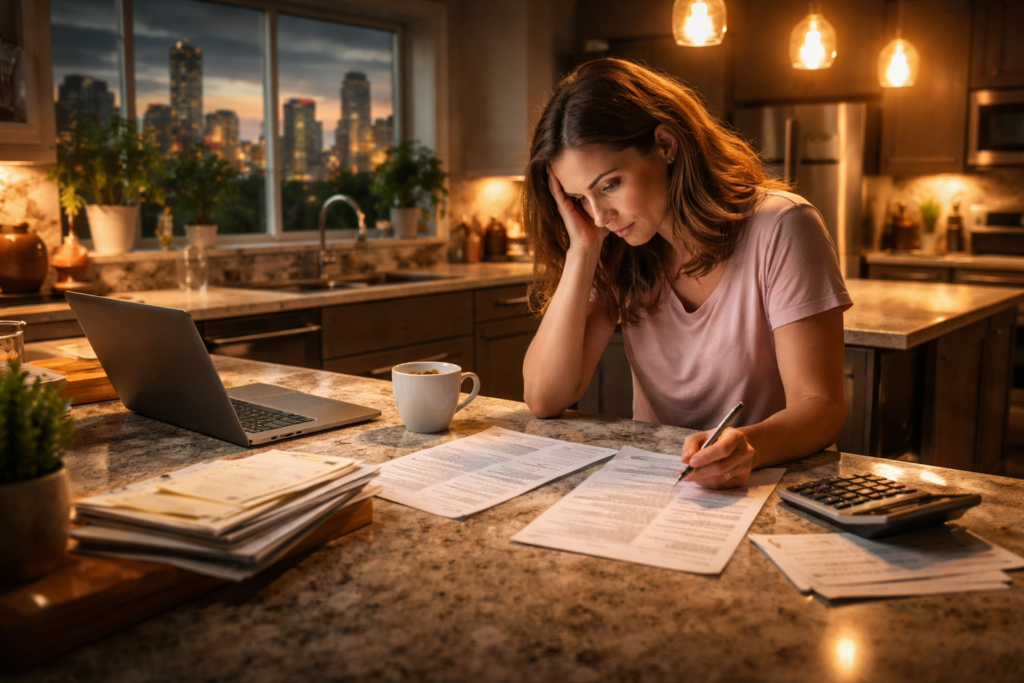 A Houston mother reviews household bills and divorce legal fees at her kitchen counter late at night, weighing financial decisions during a Texas divorce.