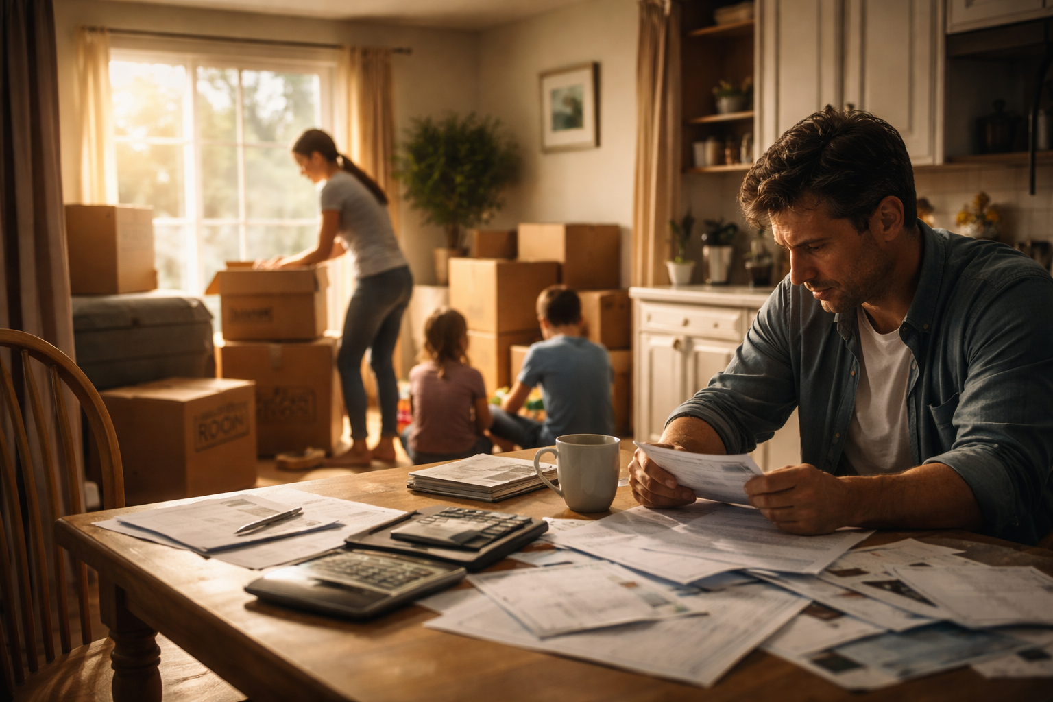 Family during a Texas divorce property settlement with one parent reviewing financial documents at a kitchen table while the other packs boxes nearby