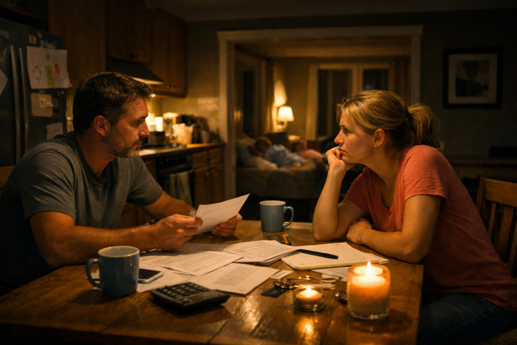 Couple sitting at a kitchen table late at night reviewing divorce paperwork and discussing next steps quietly at home