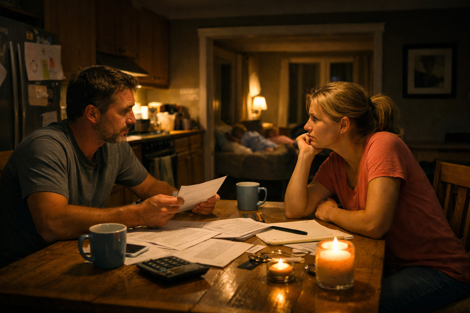 Couple sitting at a kitchen table late at night reviewing divorce paperwork and discussing next steps quietly at home