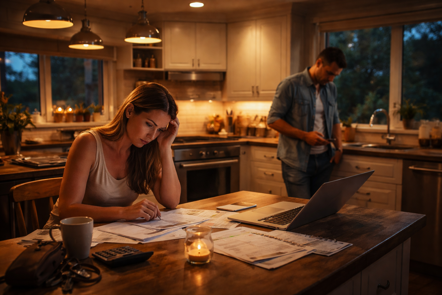 A couple reviewing household finances late at night in their kitchen, reflecting the stress and uncertainty of property decisions during a Texas divorce.