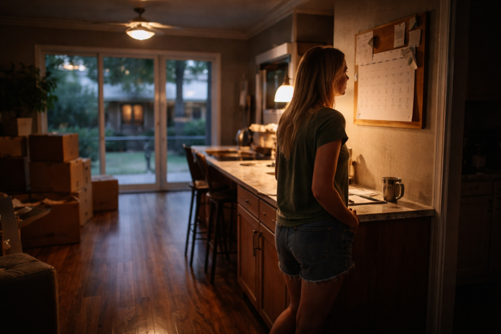 A parent standing alone in a quiet Texas home at night, reviewing a calendar and facing financial uncertainty during divorce