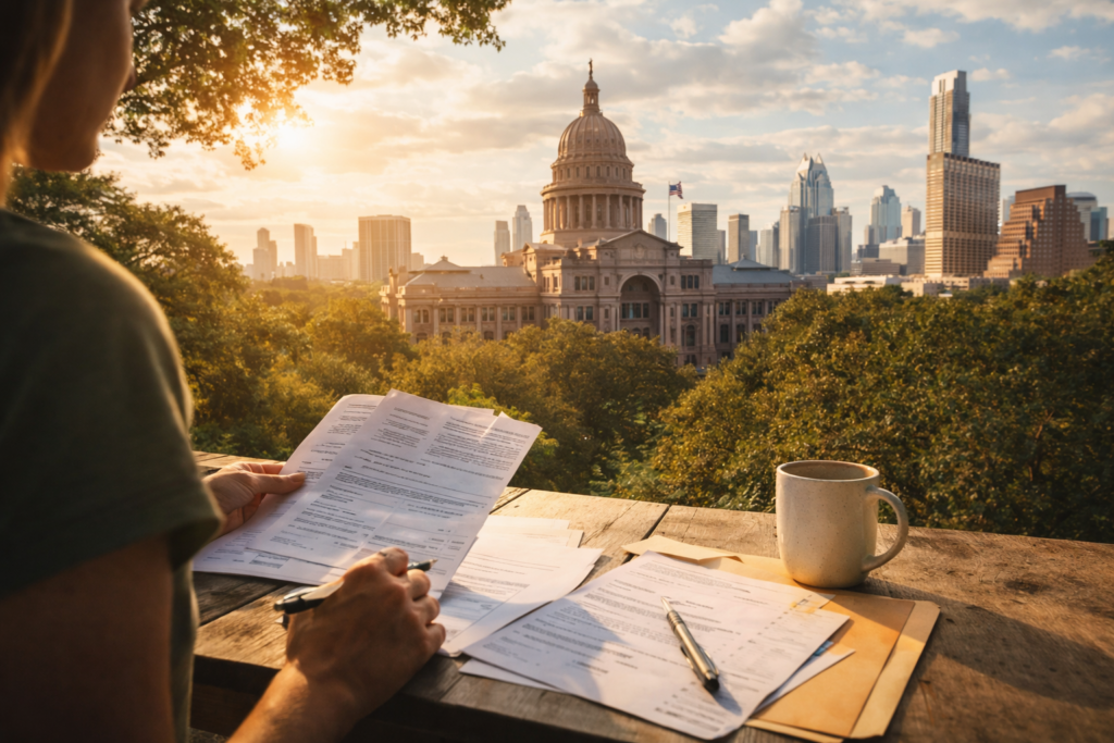 A person reviewing legal and financial documents at an outdoor table overlooking the Texas State Capitol, reflecting on spousal support eligibility during divorce