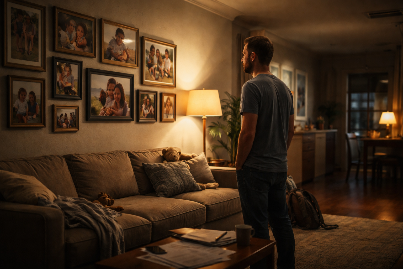 A Texas parent standing in a living room at night, looking at family photos while facing a child custody evaluation.