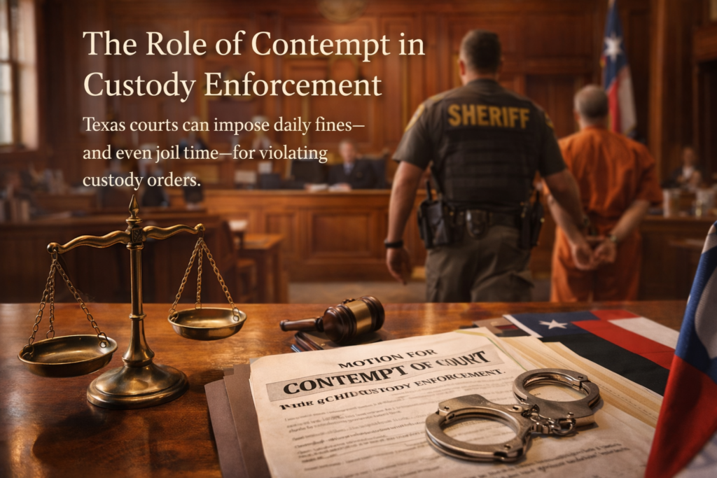 Wide-angle view of a Texas courtroom showing custody enforcement documents, scales of justice, and a sheriff escorting a parent during a contempt of court proceeding