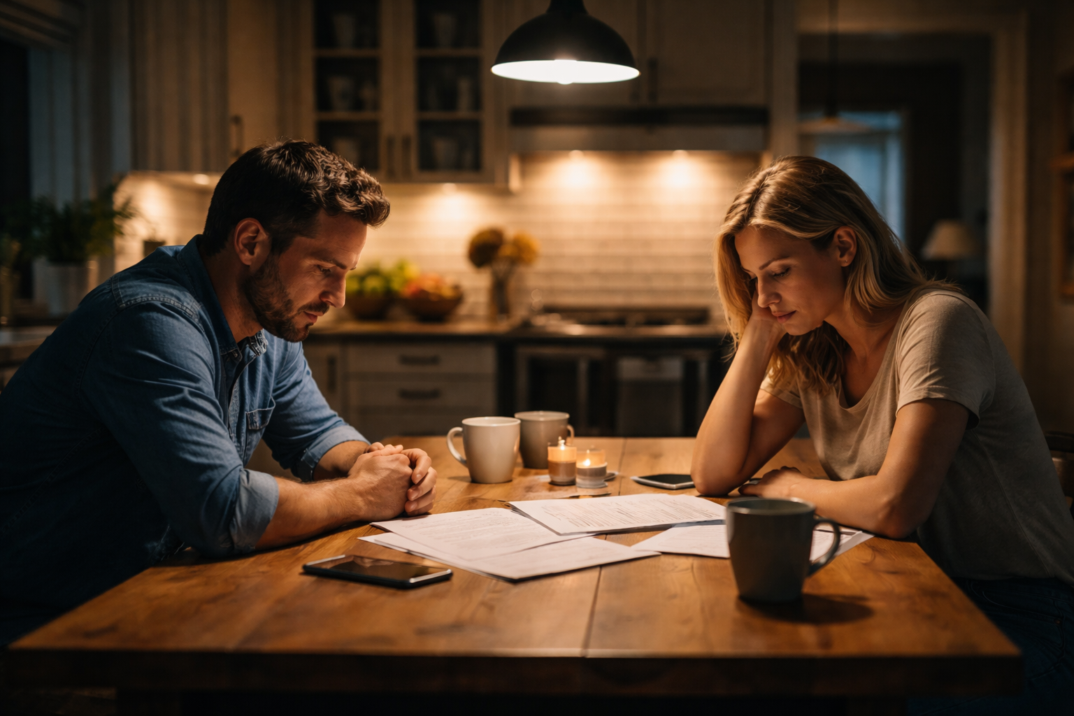 A couple sitting quietly at a kitchen table late at night reviewing paperwork together, reflecting a calm, cooperative divorce discussion in Texas.