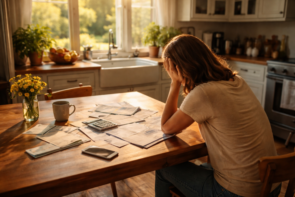 Woman sitting alone at a kitchen table reviewing household bills in warm natural light, reflecting quiet financial planning during divorce in Texas