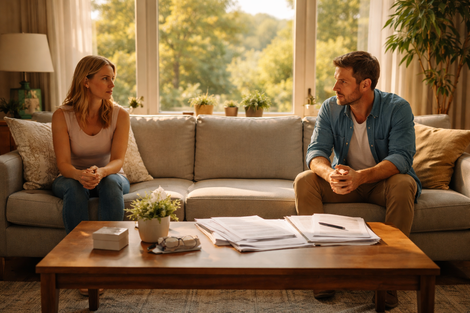 A Texas couple calmly discussing divorce paperwork in their living room, reflecting uncontested Texas divorce property division decisions.