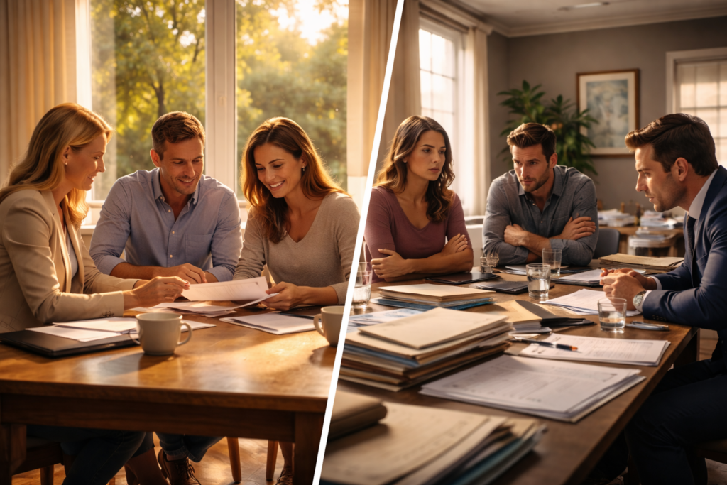 Split image showing an amicable couple calmly reviewing documents with an attorney and a separate scene of a tense divorce meeting with multiple lawyers and paperwork