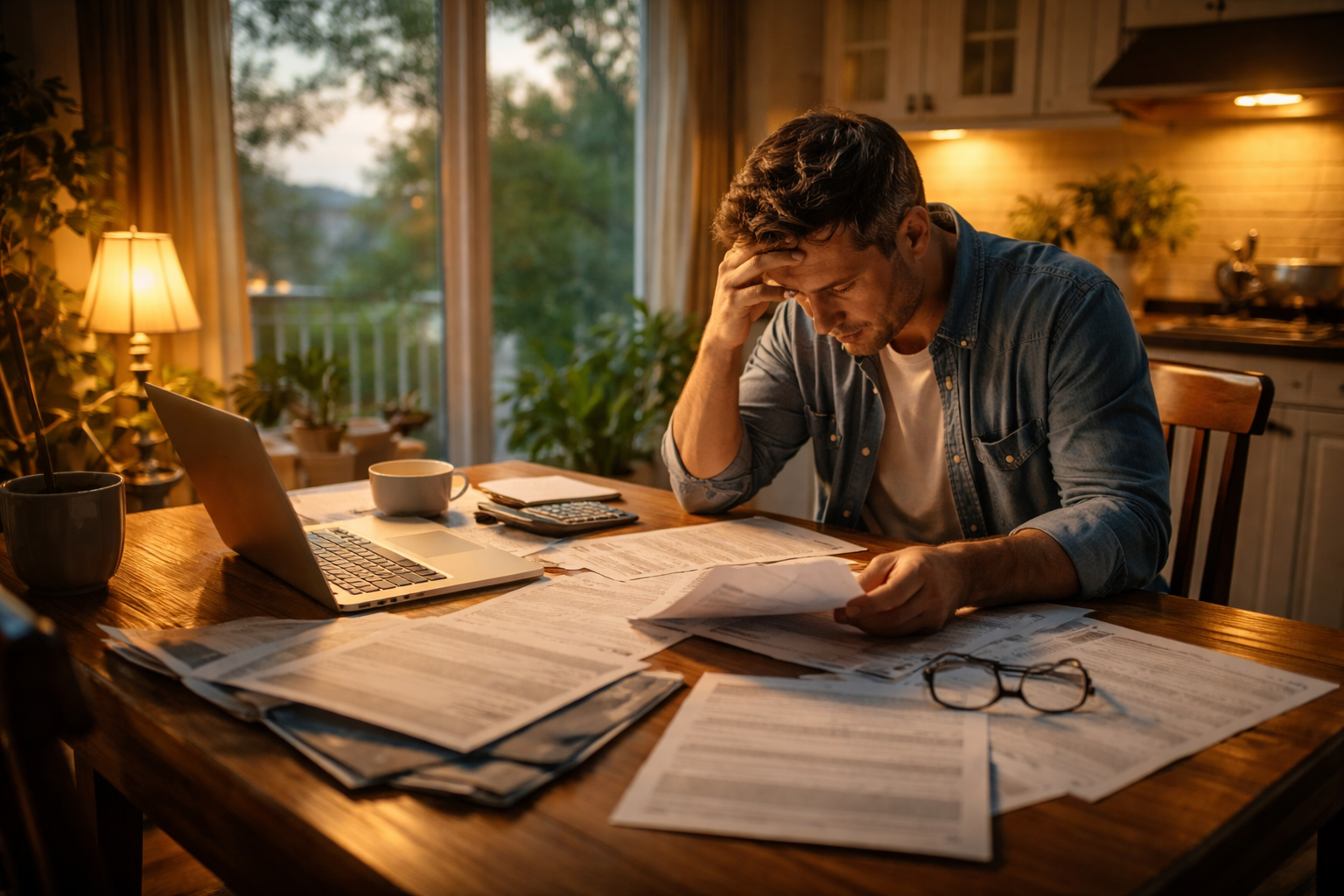 A Texas parent reviewing financial documents at a kitchen table late at night while navigating property division during divorce.