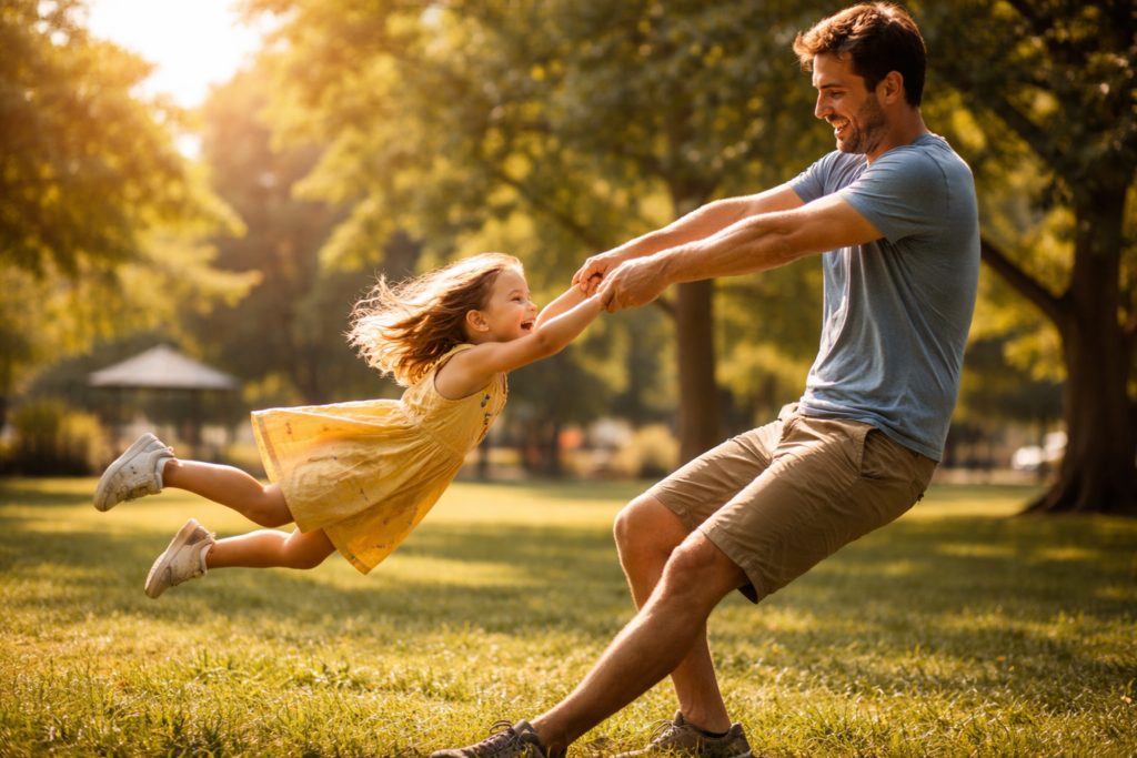 A parent and child are enjoying a sunny day outdoors, engaging in playful activities that strengthen their parent-child relationship. This quality time is essential for nurturing emotional bonds and may be beneficial in establishing custody arrangements under Texas family law.