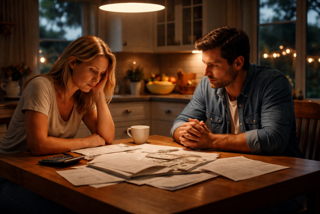 Couple reviewing financial documents together at a kitchen table during a difficult divorce discussion in Texas