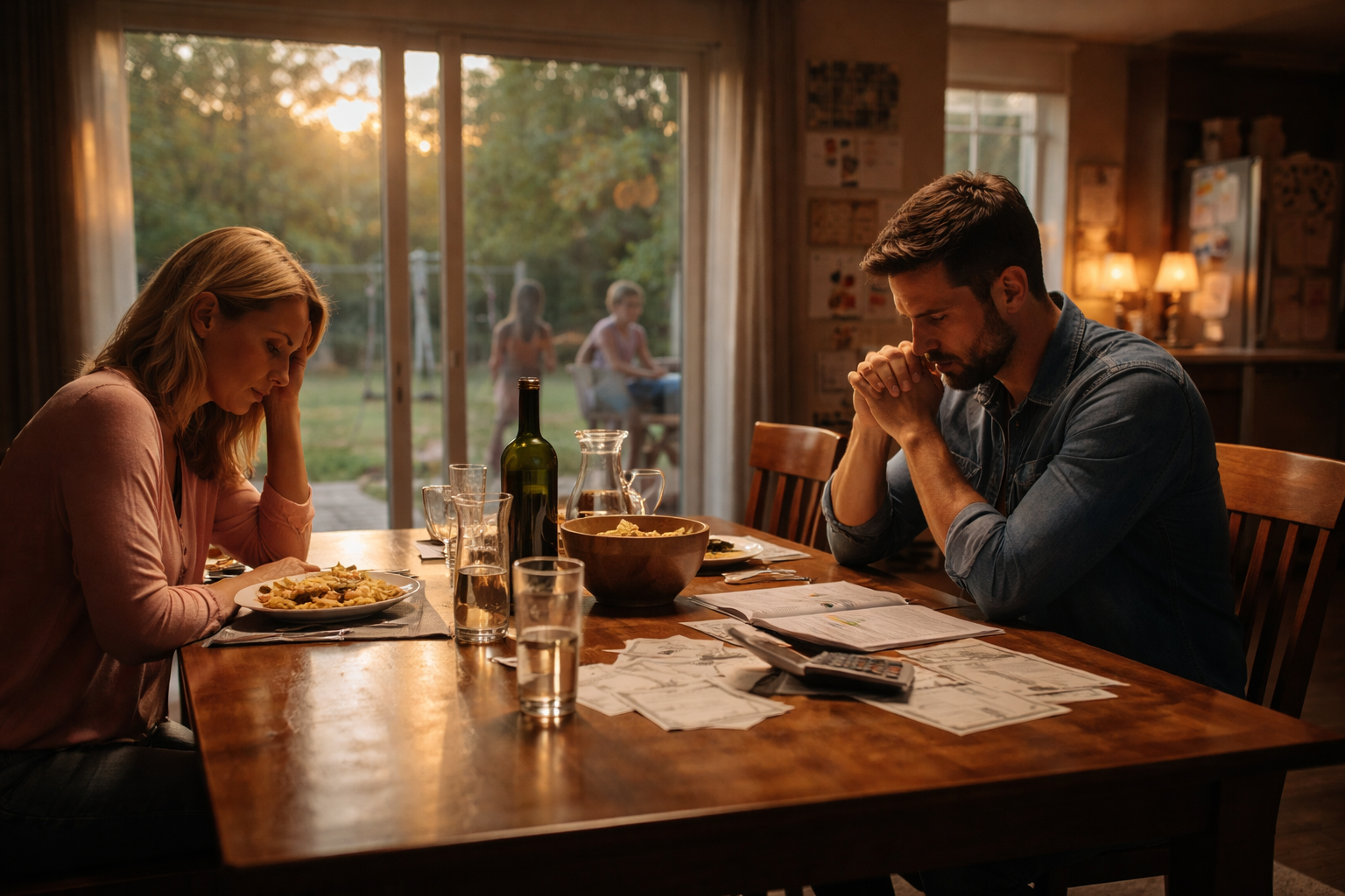 A couple sits silently at a dining table reviewing financial documents during a Texas community property divorce, reflecting emotional tension and uncertainty.