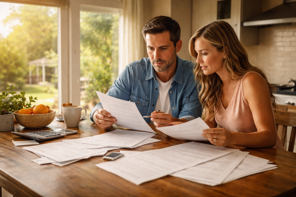 A couple is sitting together at a kitchen table, reviewing various legal documents related to their property division in a Texas divorce. The table is covered with papers that likely include information on community property, separate property, and asset division as they discuss their marital estate and financial records.