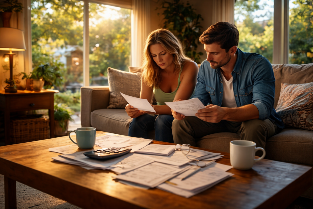 Couple reviewing financial documents together in a sunlit living room, sitting on a sofa with paperwork spread across a coffee table during a Texas divorce discussion