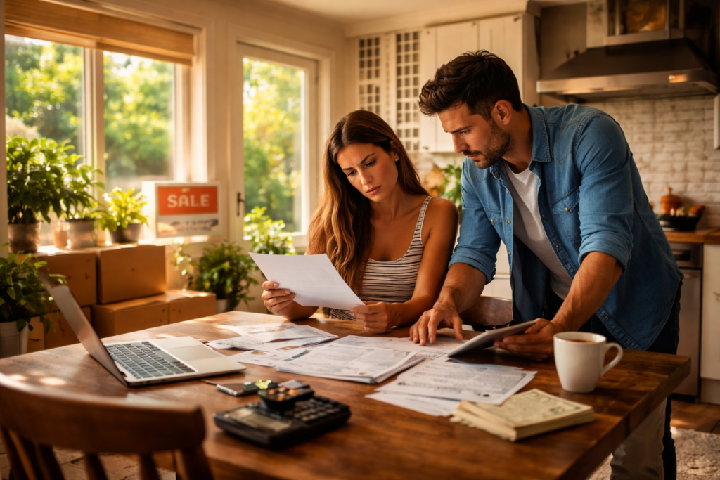 A couple reviewing financial documents together in a sunlit kitchen, surrounded by bills and moving boxes, reflecting uncertainty during a pending divorce.