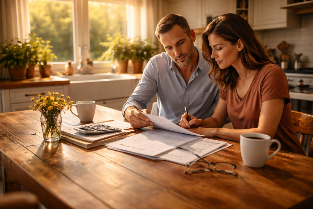 Couple sitting together at a kitchen table reviewing and signing divorce paperwork in warm natural light, reflecting a calm uncontested divorce agreement in Texas