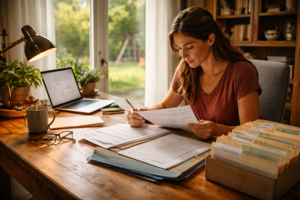 A parent is seated at a home office desk, carefully reviewing legal documents related to child custody, with organized folders nearby that may contain important information for their family law case. The atmosphere suggests a focus on ensuring compliance with legal requirements to protect the best interests of their child.