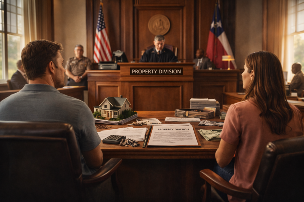 Wide-angle courtroom scene showing a Texas judge presiding over a divorce property division hearing, with spouses seated at separate tables reviewing property documents, a model home, and financial items.