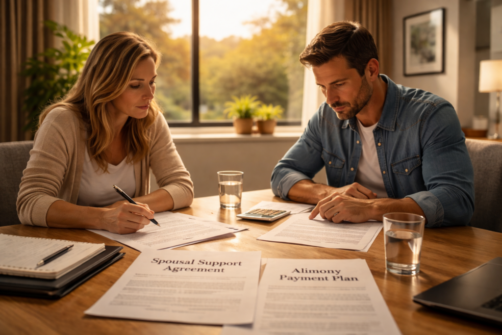 Two individuals seated at a table in a bright office reviewing spousal support and alimony documents together during a divorce discussion.