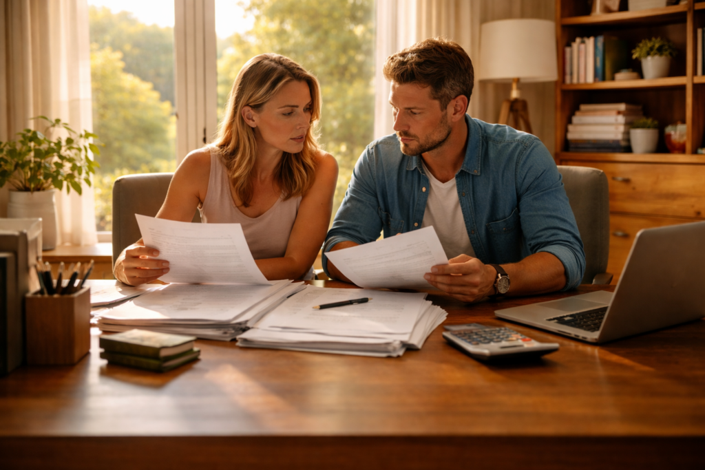 A couple is seated together at a home office desk, reviewing legal documents related to their divorce process. They appear to be discussing terms such as community property and property division, likely focusing on the equitable division of their marital assets in accordance with Texas law.