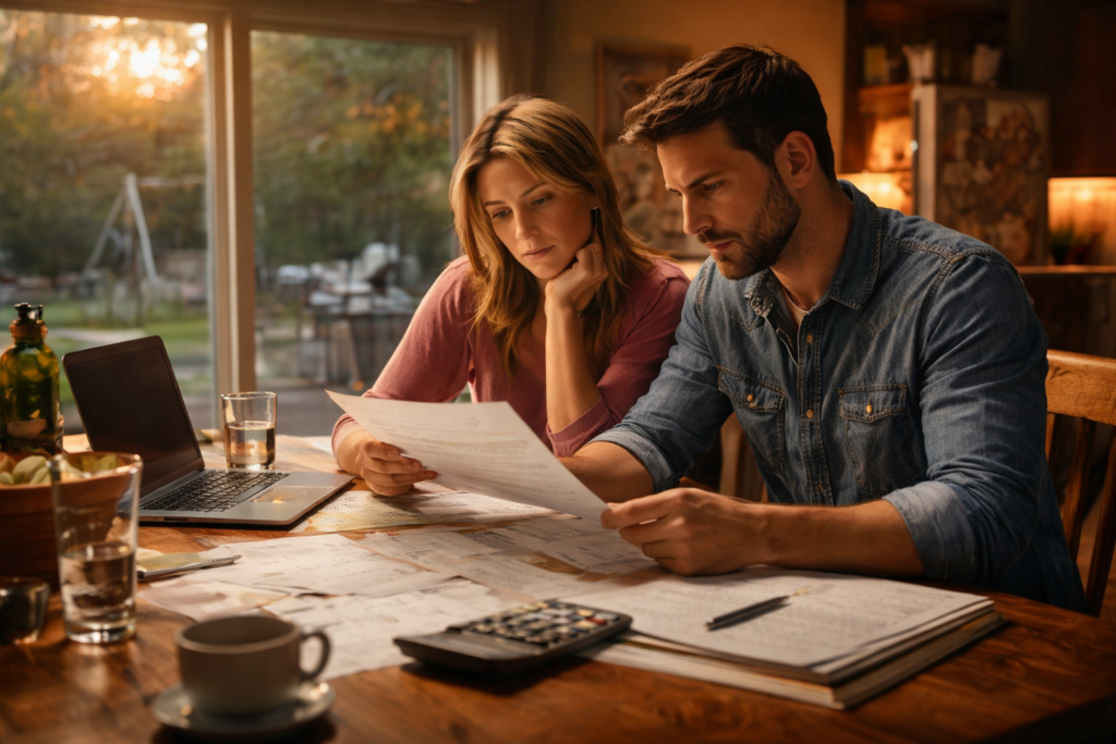 A couple sits together at their dining table, reviewing financial documents related to their marital property, including community assets and separate property, as they navigate the complexities of Texas community property laws during their divorce proceedings. The atmosphere is focused and serious, indicating the importance of understanding property division and the implications of their financial decisions.
