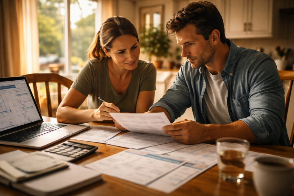 A couple is seated at a dining table, reviewing financial documents together, likely discussing their property division in accordance with Texas divorce laws. They appear focused on understanding their marital assets, including retirement accounts and personal property, as they prepare for their divorce settlement.